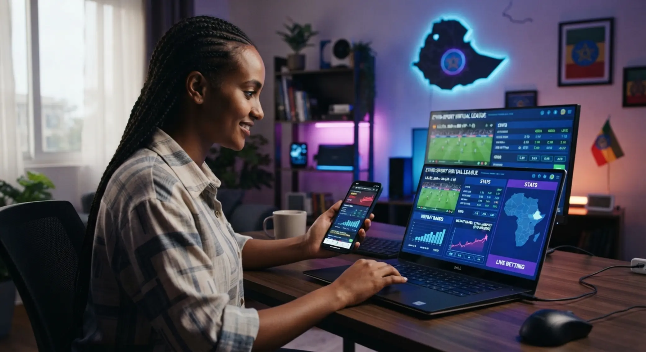 User accessing BetX platform on laptop and phone with virtual sports and instant games interface