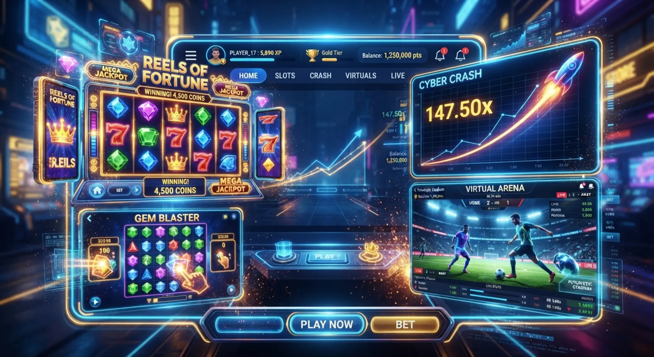 Collage of slots, crash game visuals, instant games and virtual sports style screens
