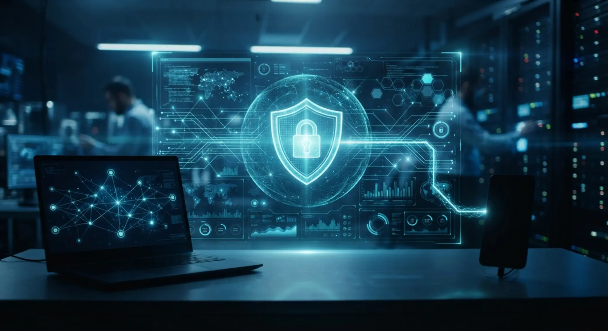 Cybersecurity themed visual with encrypted connection and secure digital platform devices