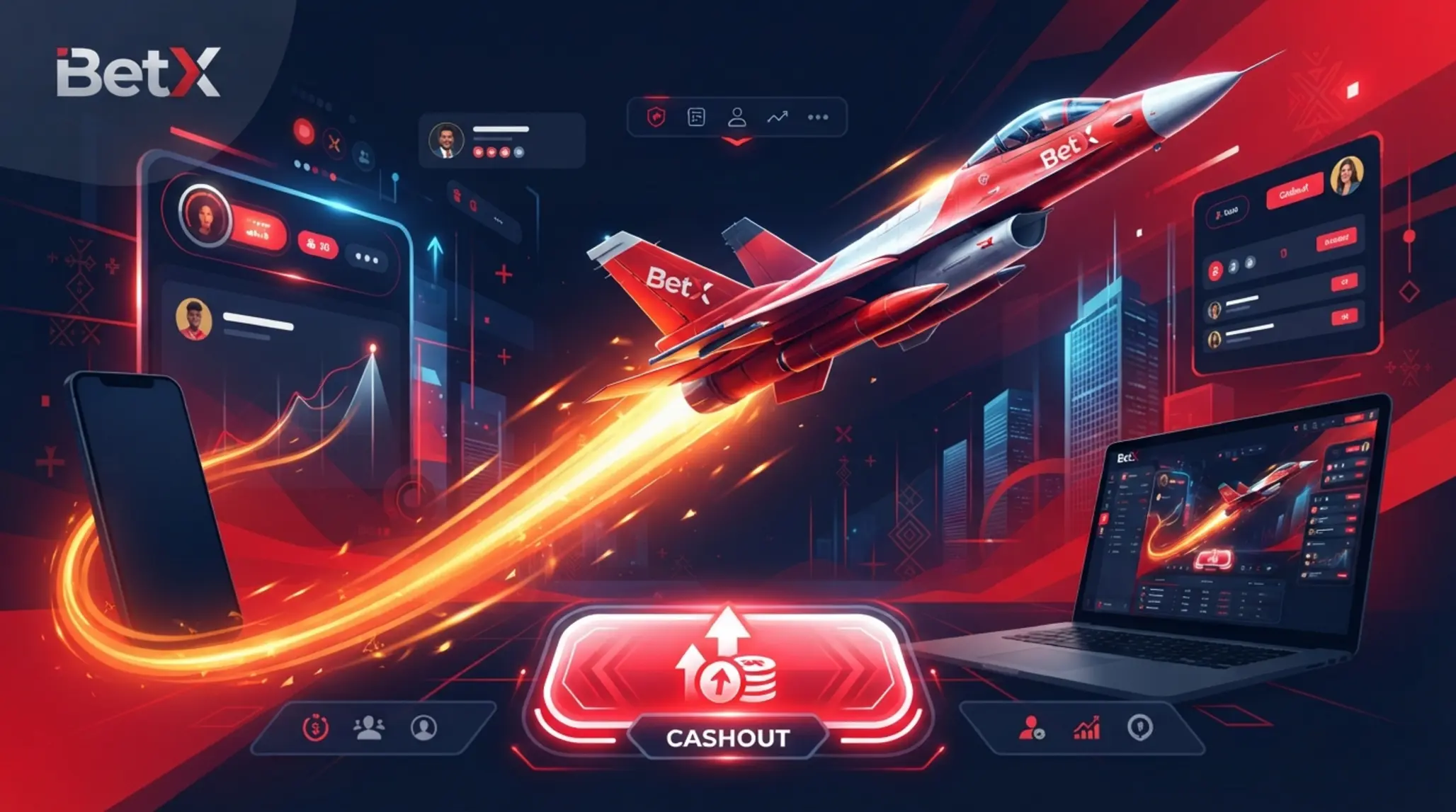 Aviator-style game banner with rising plane and BetX-themed interface