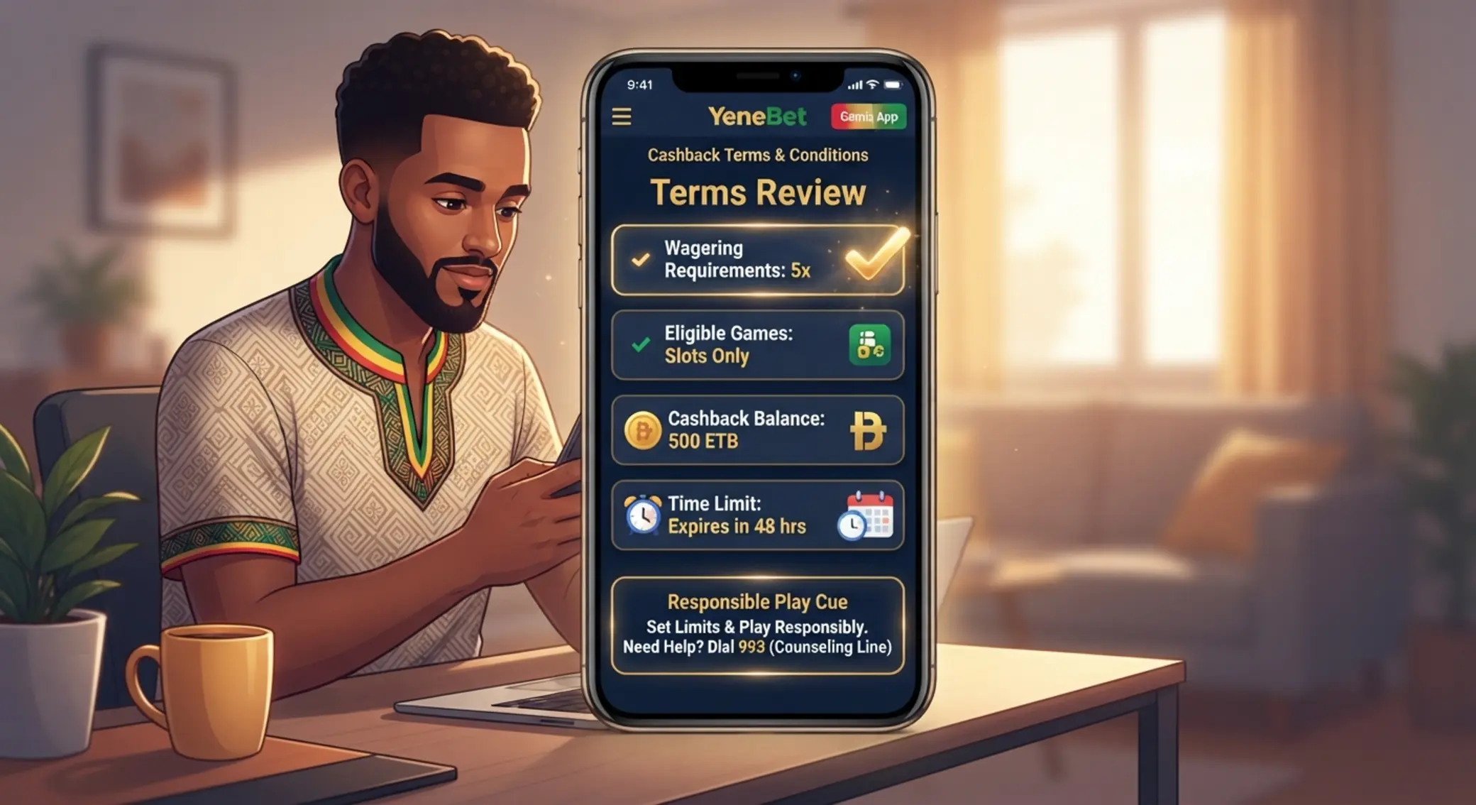 Player reading BetX cashback terms and rules with responsible play visual cues