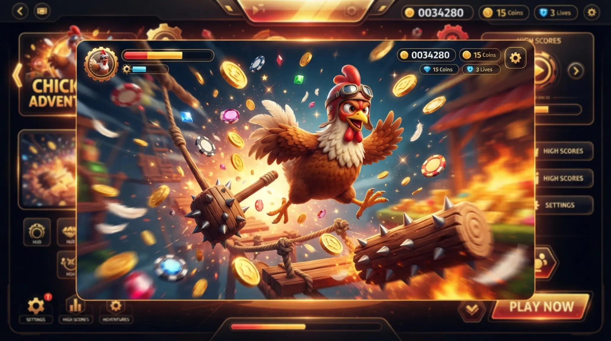 Dynamic chicken game promo scene with cartoon chicken, coins and gaming interface