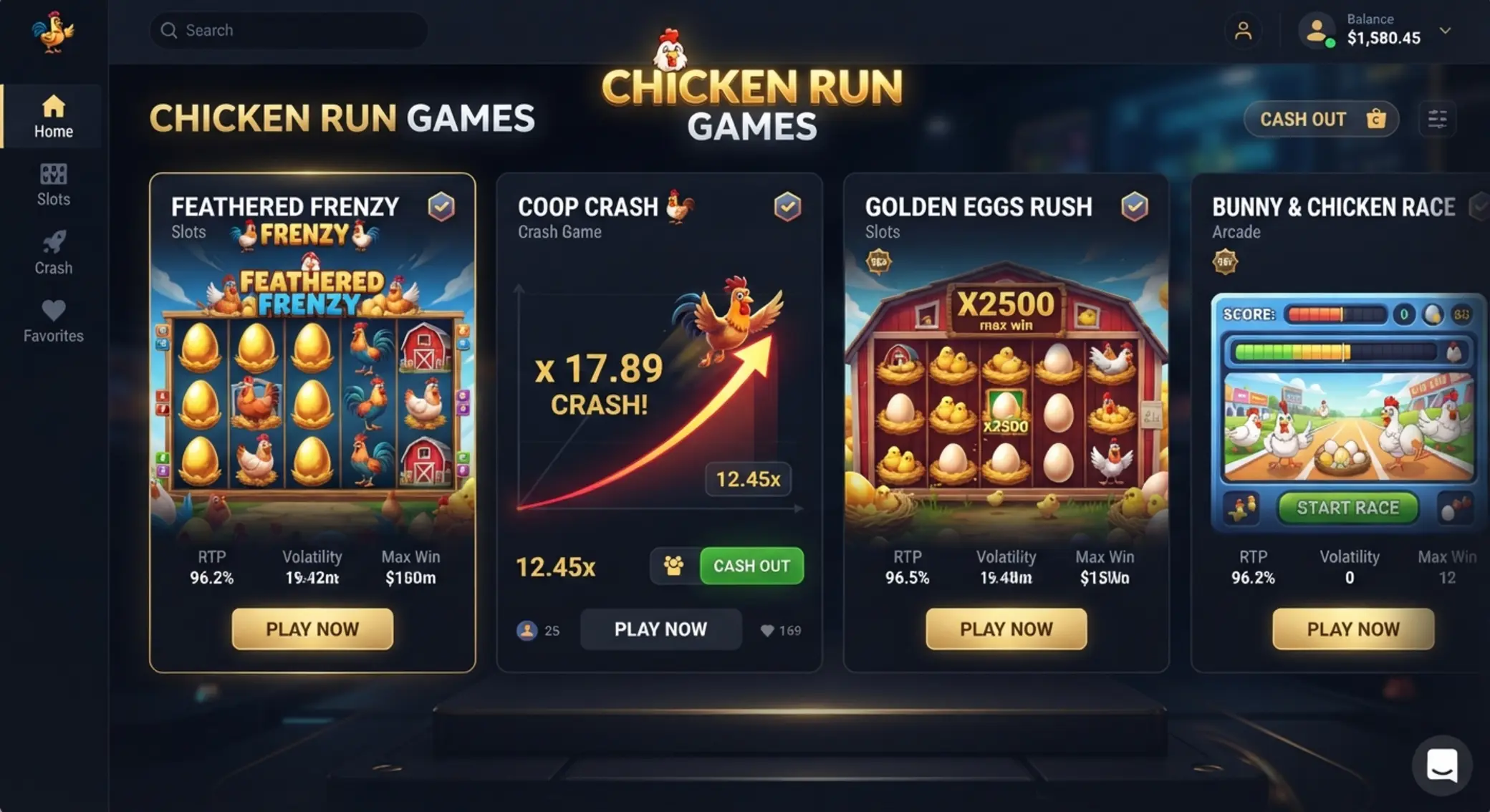 Chicken game category cards on a modern gaming interface