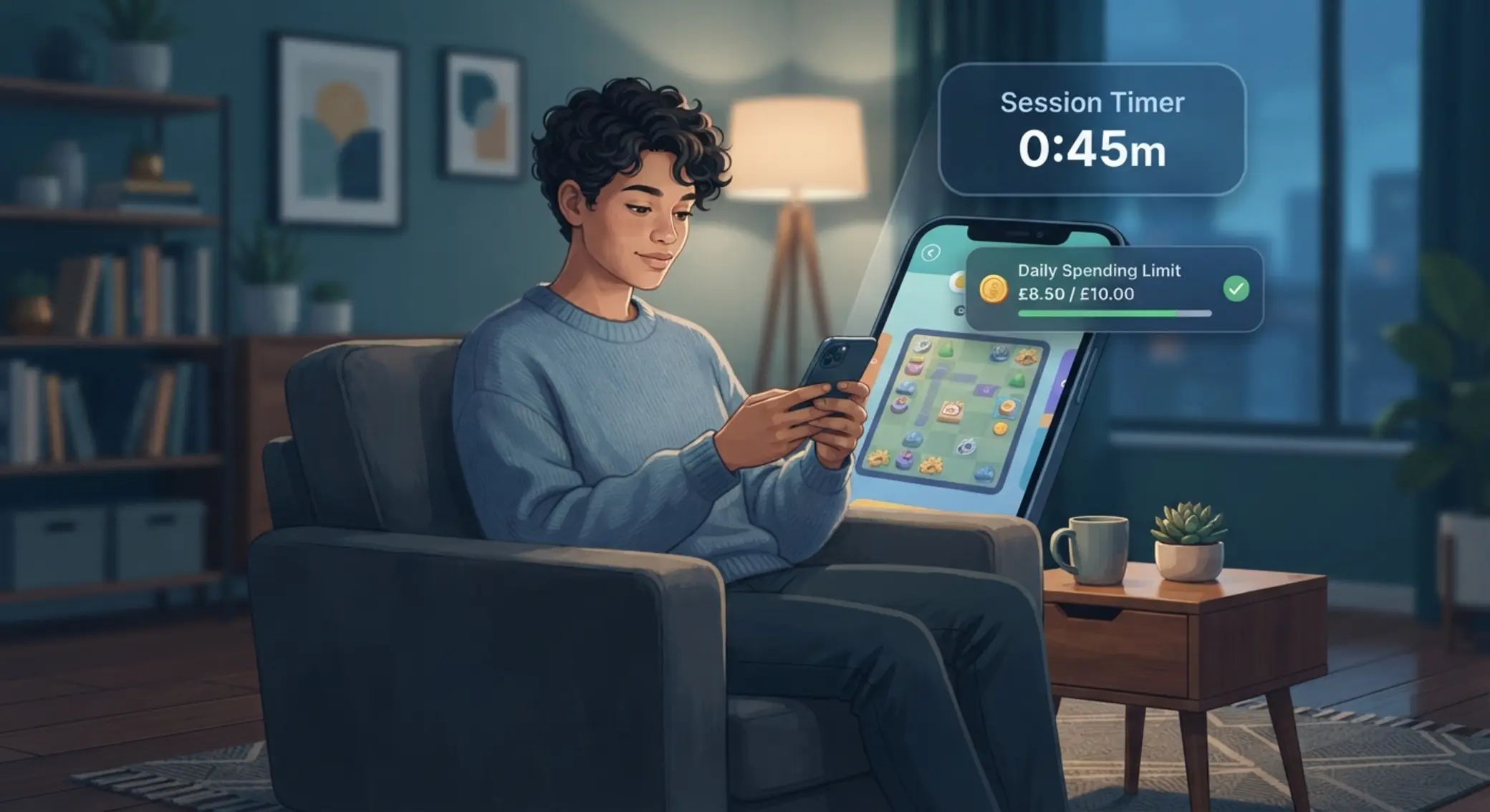 Player using mobile with timer and limit indicators for controlled play