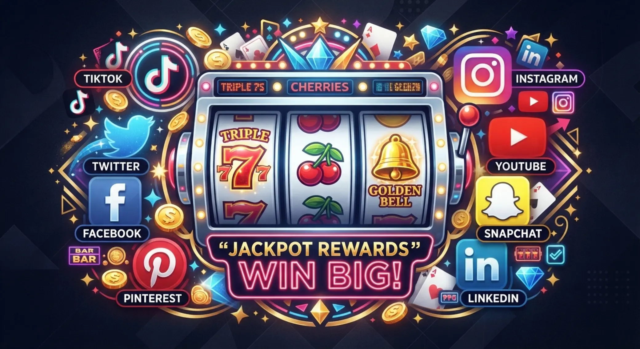 Social media icons with classic slot symbols collage