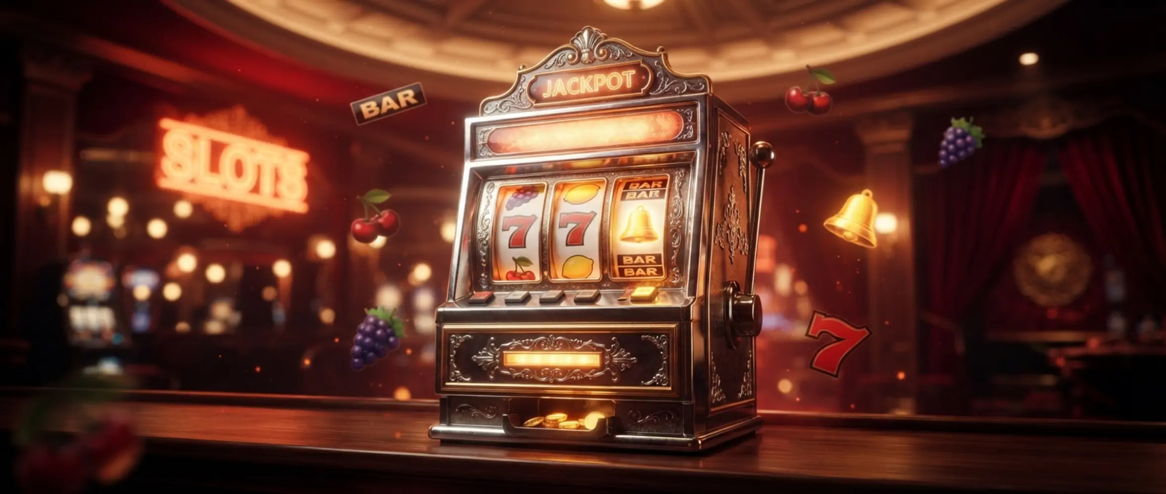 Retro themed classic slot banner with fruit symbols and vintage machine