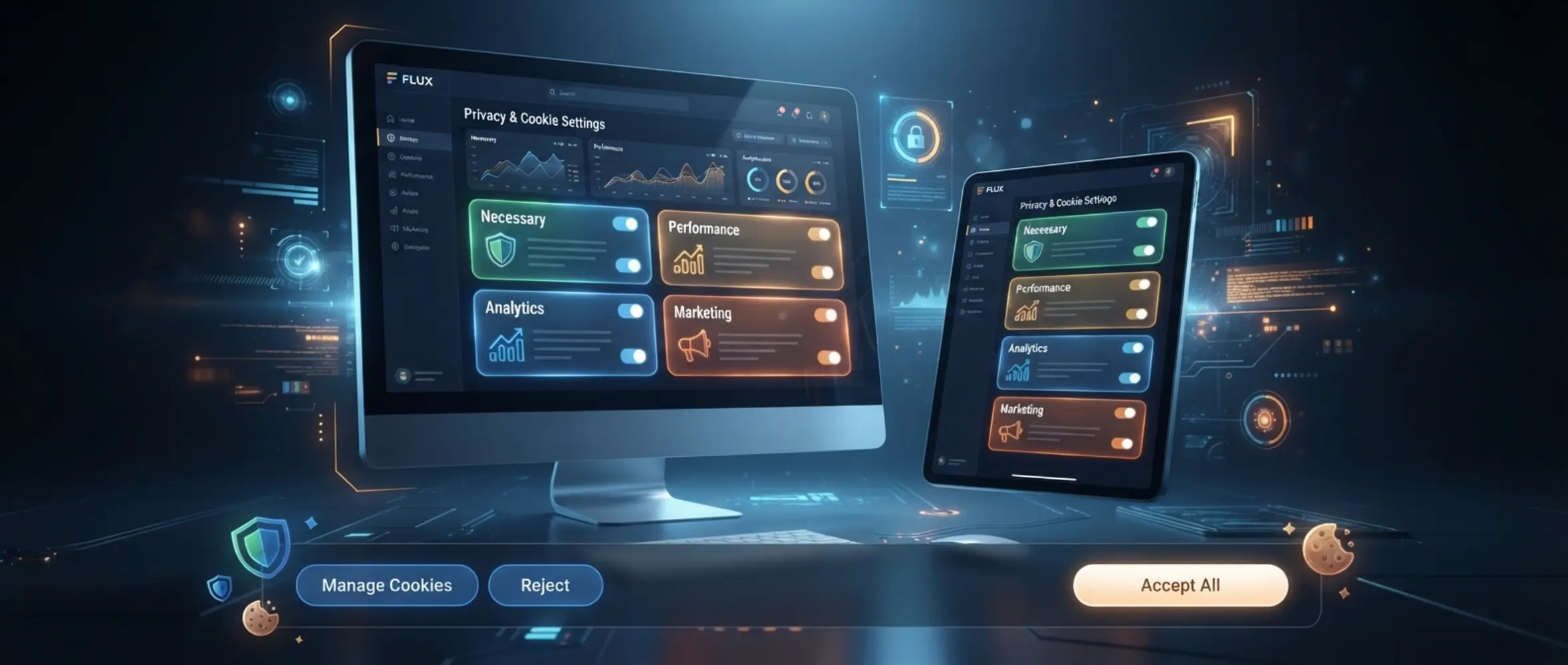 Cookie settings banner with secure multi-device interface