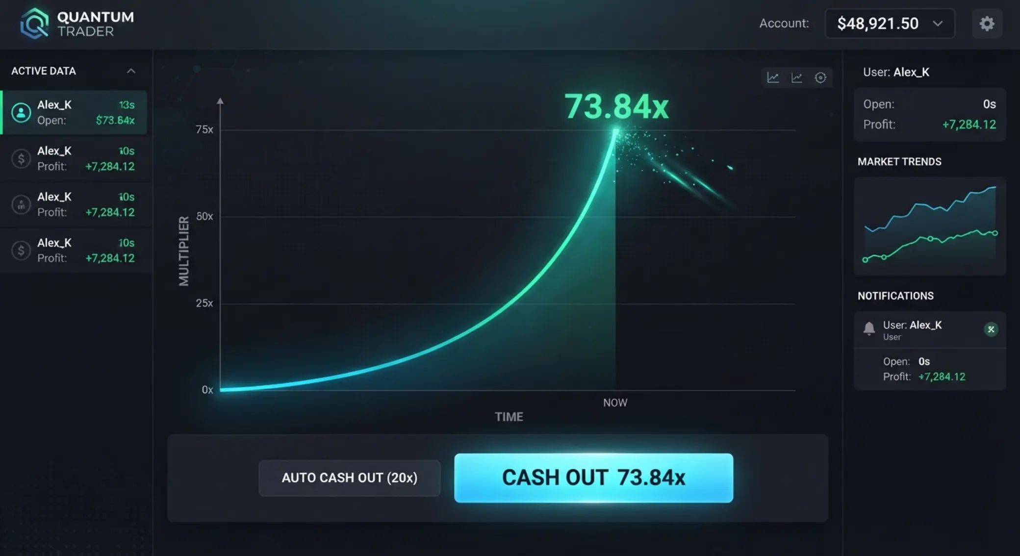 Multiplier curve rising before a sudden crash with cash out highlighted