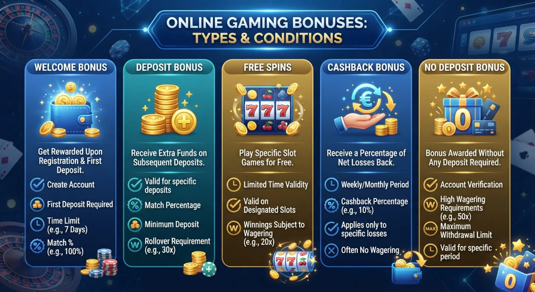Infographic of deposit bonus types and bonus conditions