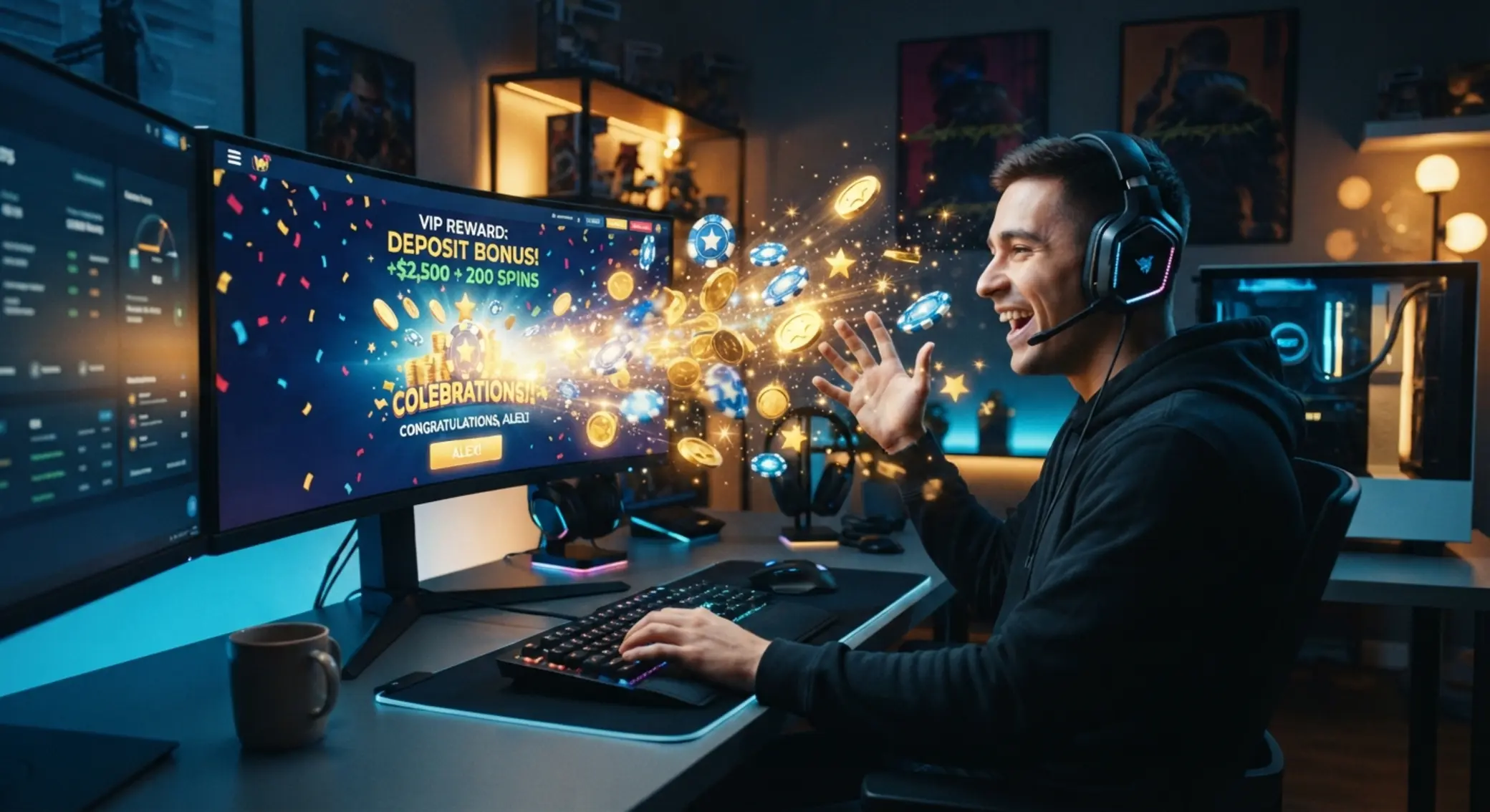 Player receives an online deposit bonus with chips and coins flying to the screen