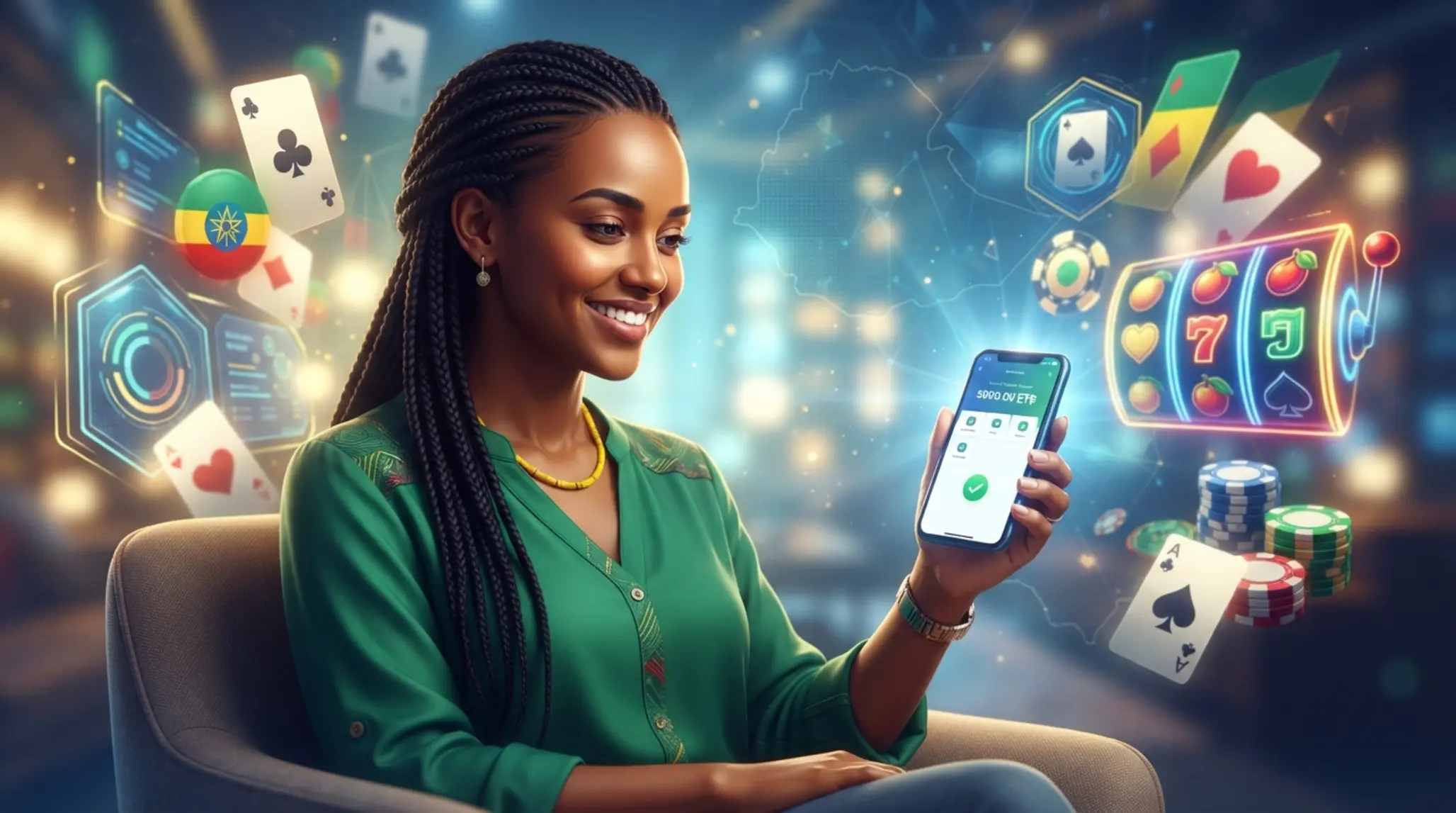 Player using smartphone with successful account top-up and Ethiopian-themed gaming background