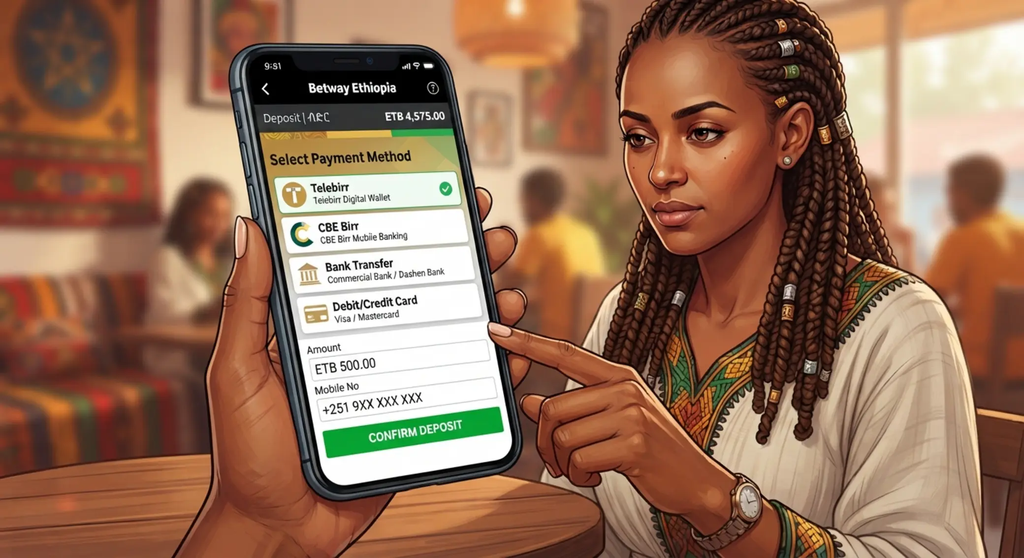 User selecting a deposit payment method on a mobile platform
