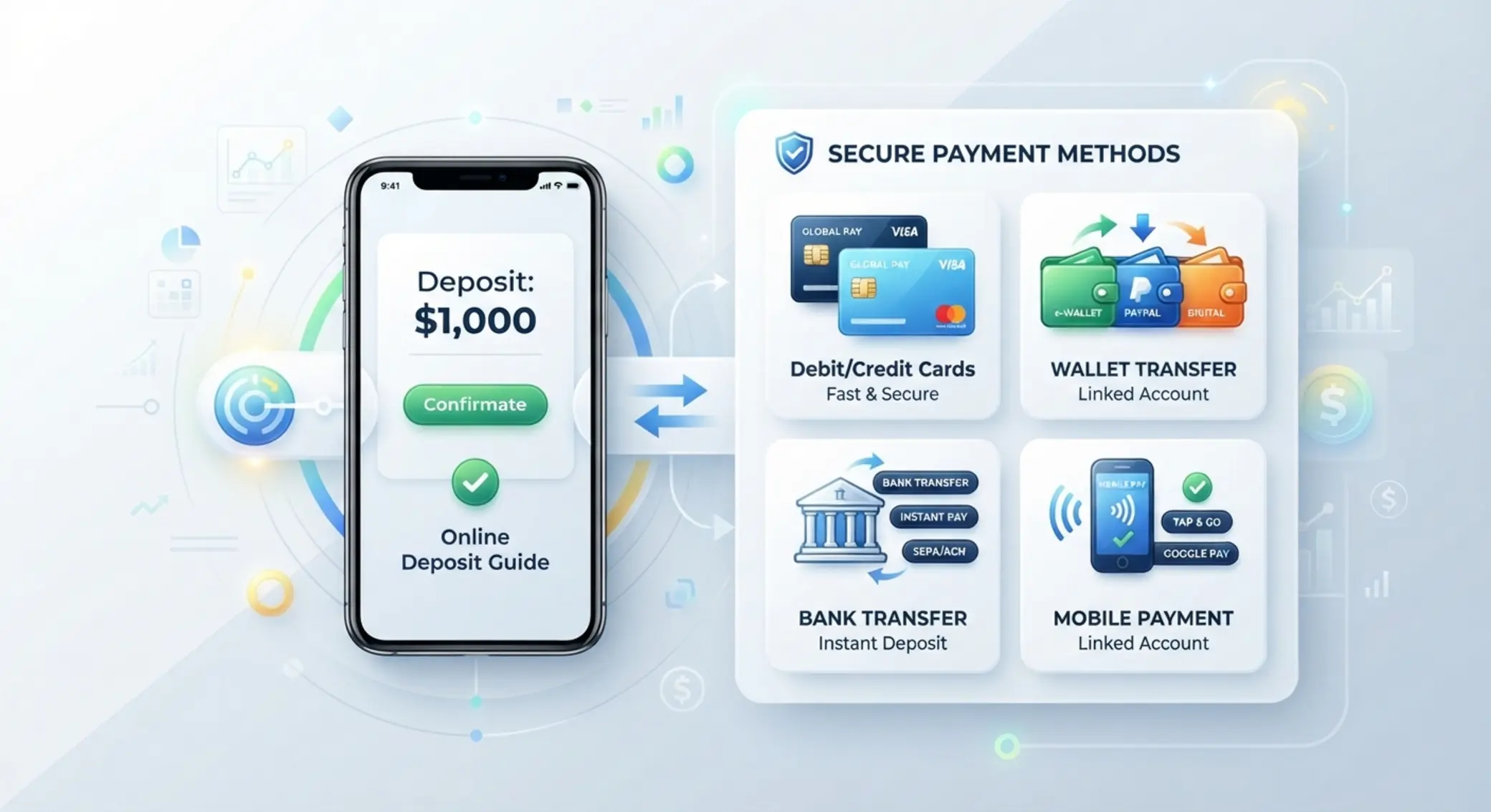 Generic payment methods including cards, wallet icons, and mobile phone payments