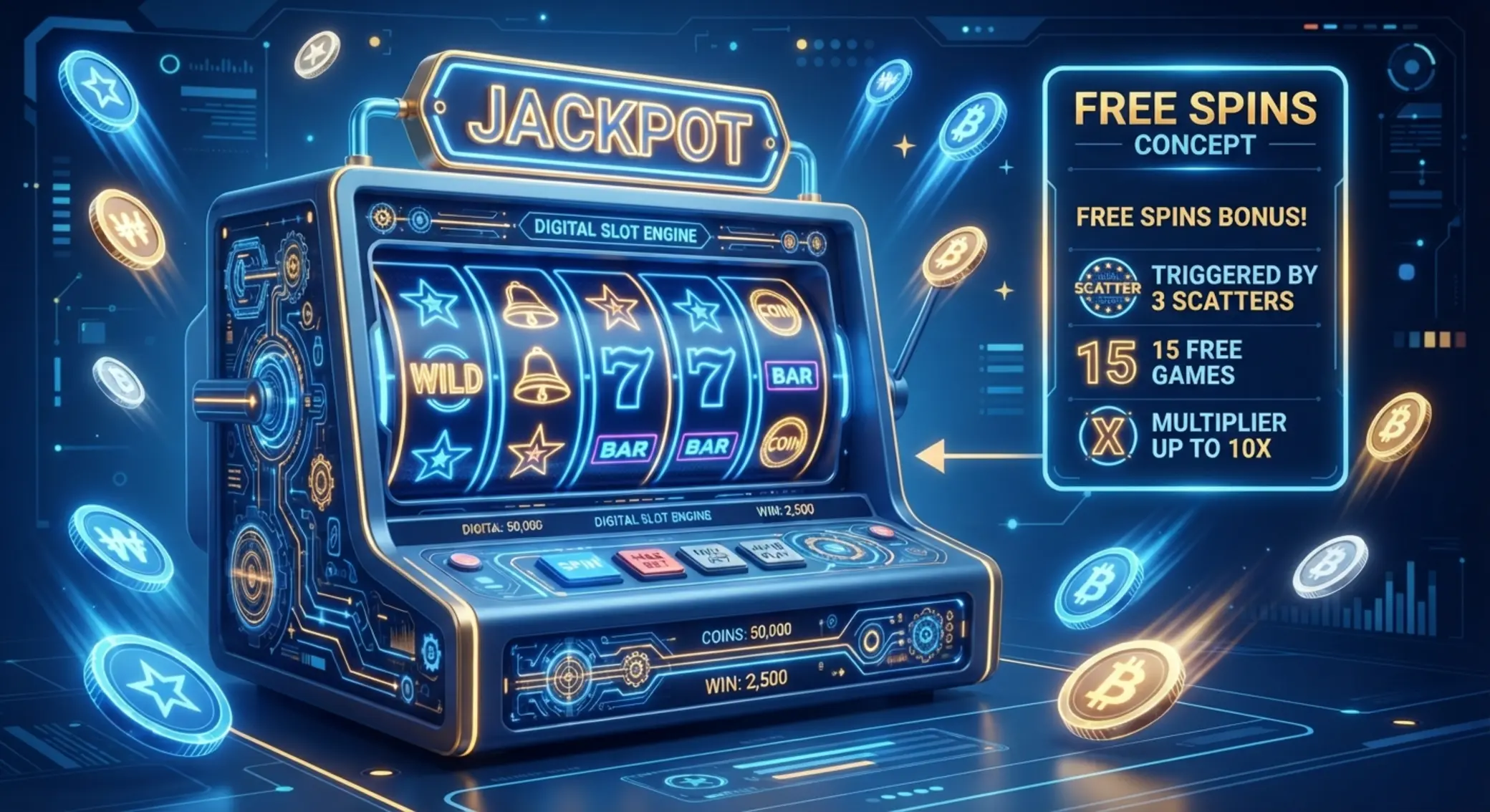 Illustration explaining free spins with slot reels and bonus conditions