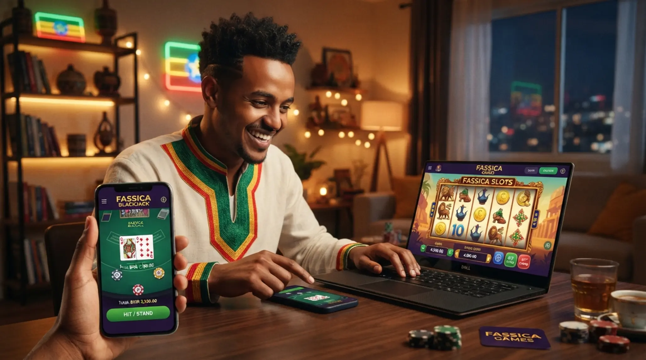 BetX online games collage with smartphone, laptop, and Ethiopian player