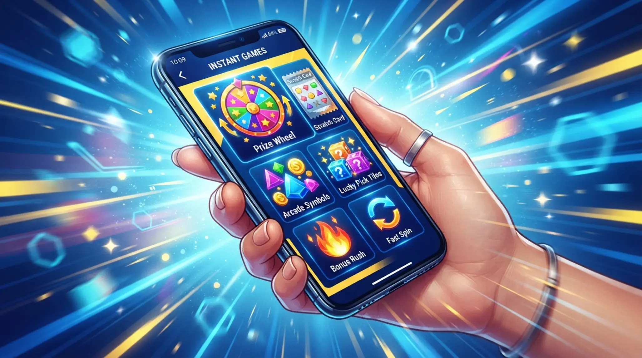 Hand holding a smartphone with colorful instant game icons on screen