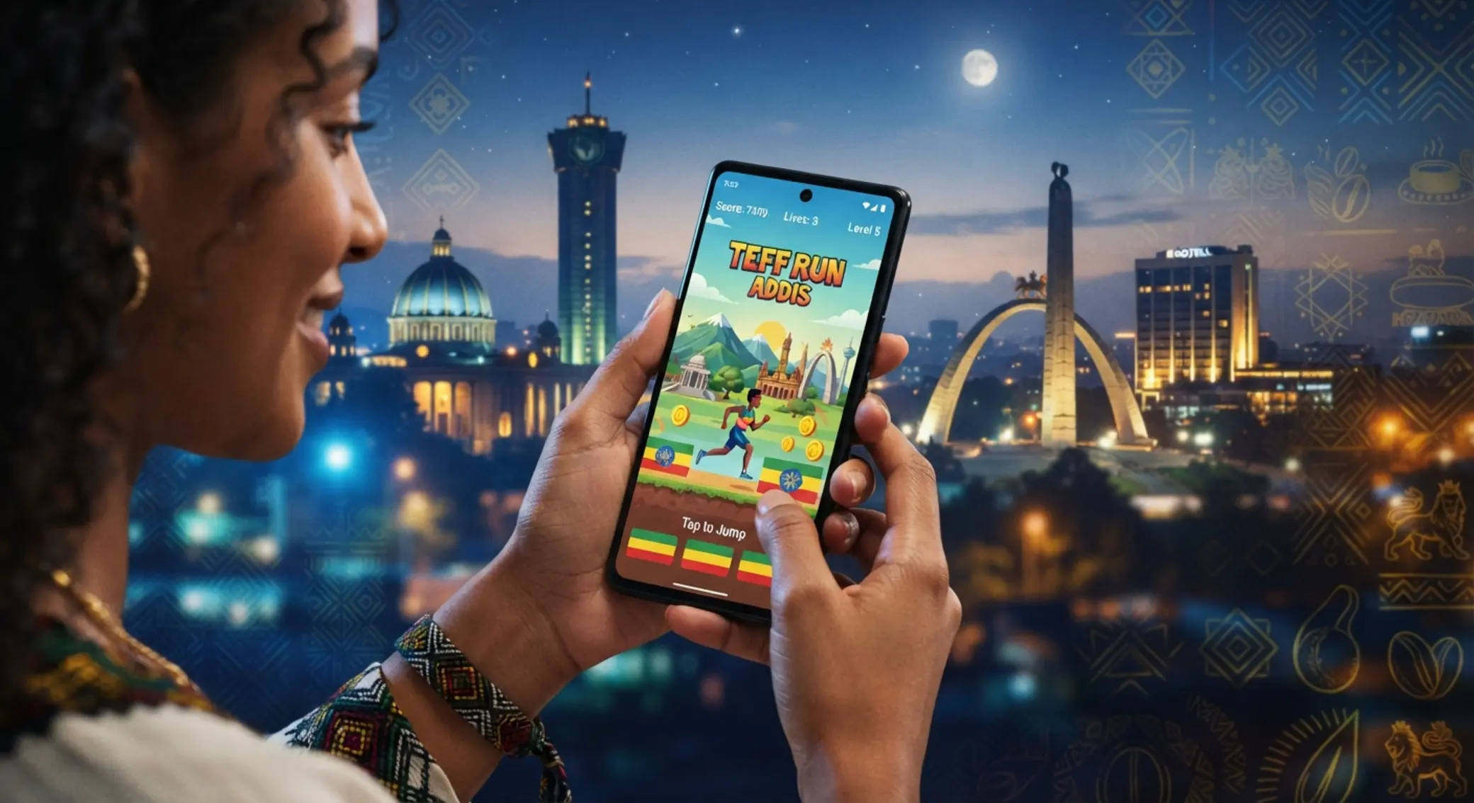 Smartphone with instant game and subtle Ethiopia-themed background