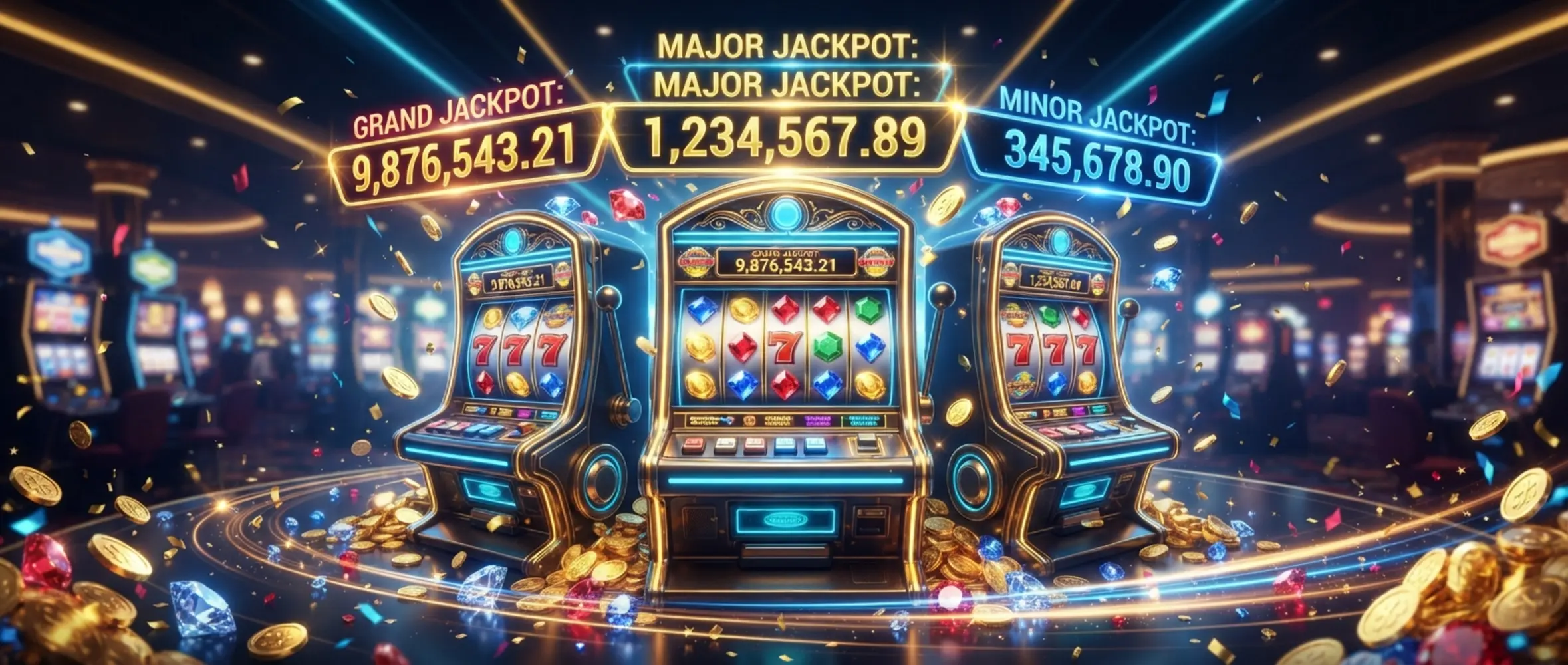 Jackpot slot reels with glowing prize counters and coins