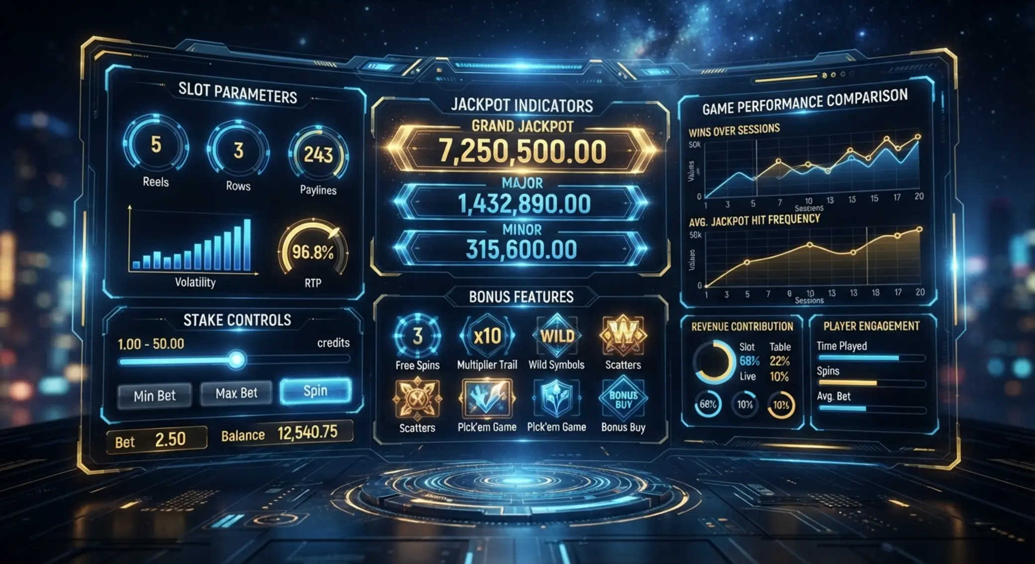 Infographic dashboard comparing jackpot slot features