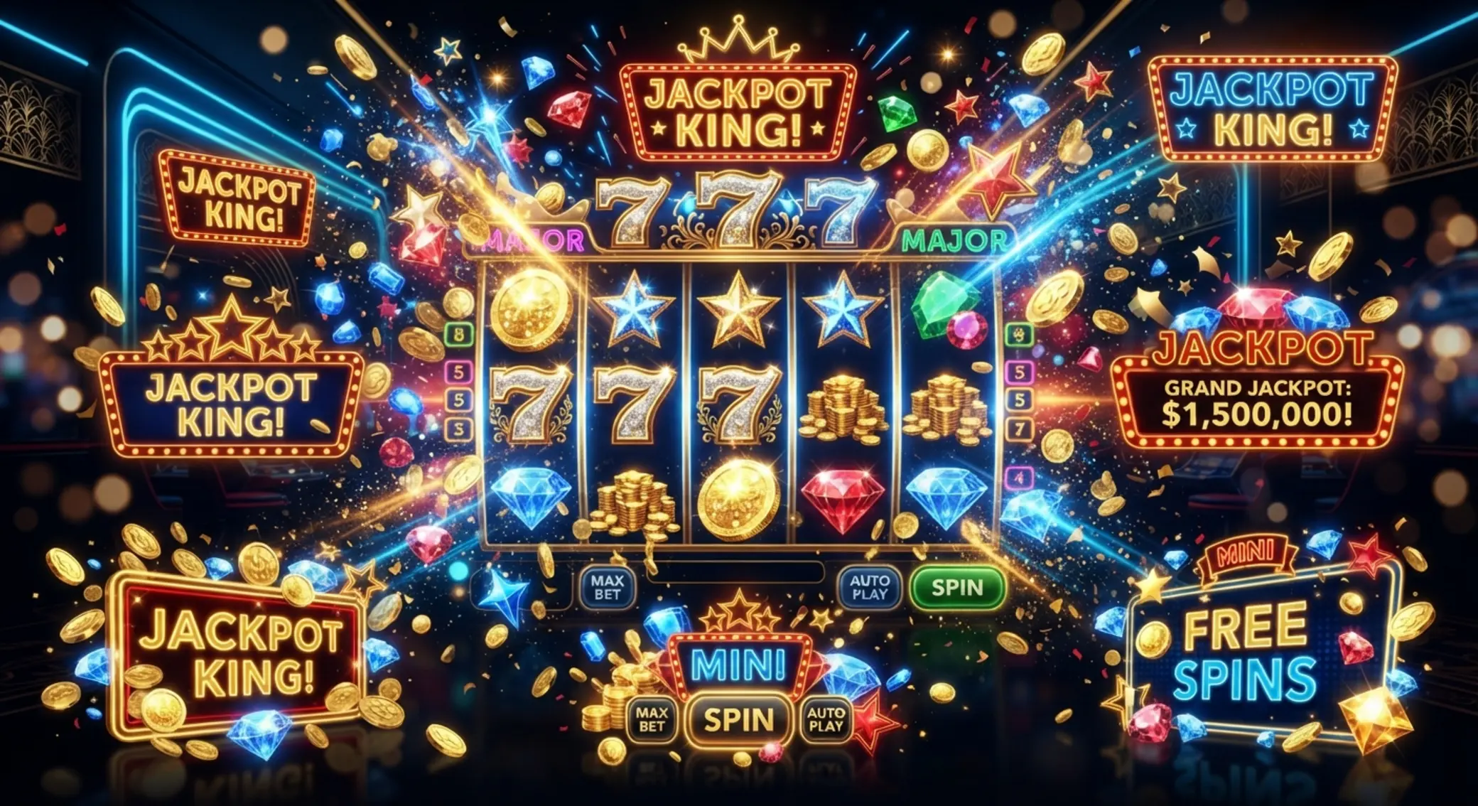 Collage of jackpot slot reels and prize symbols