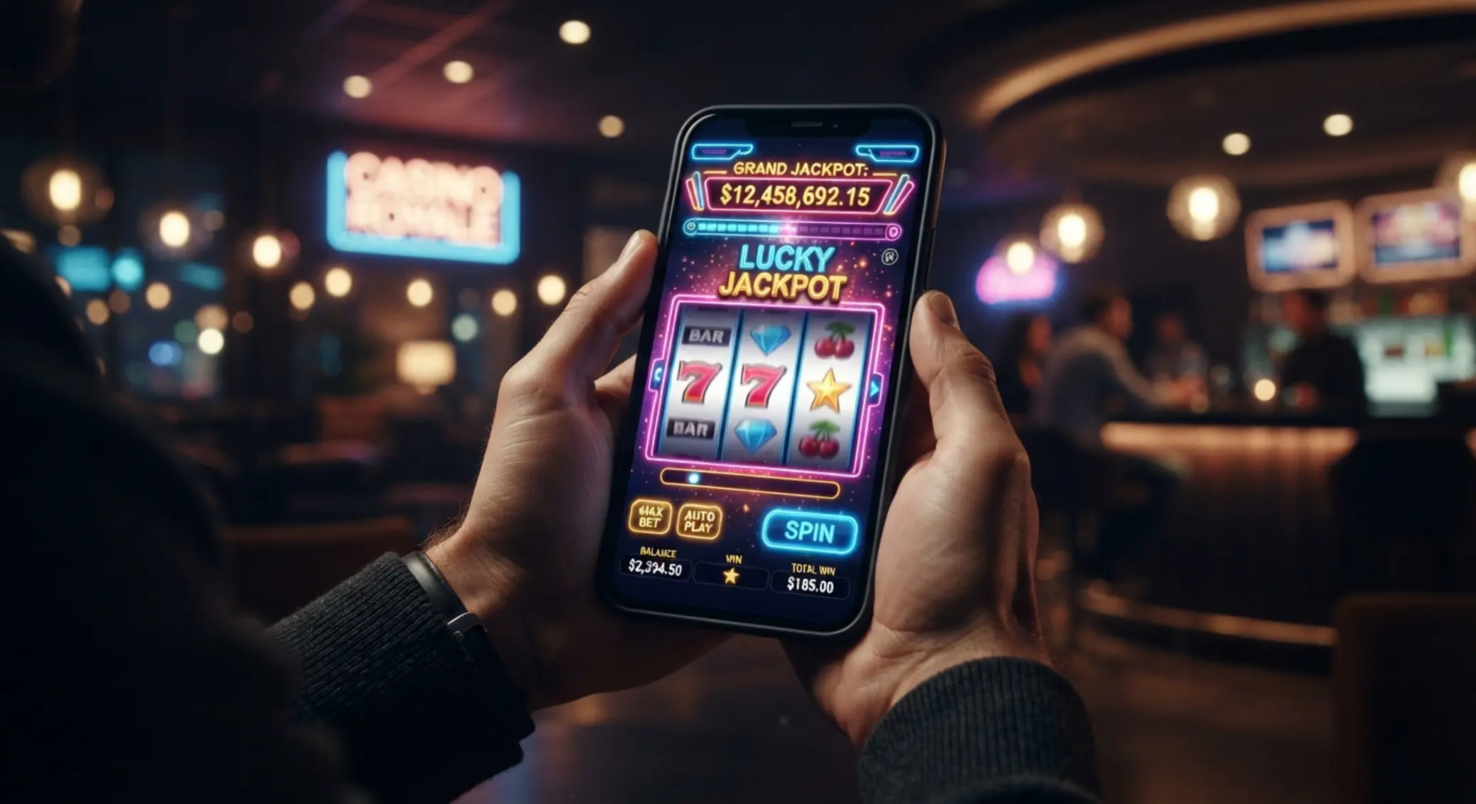 Smartphone displaying a mobile jackpot slot game