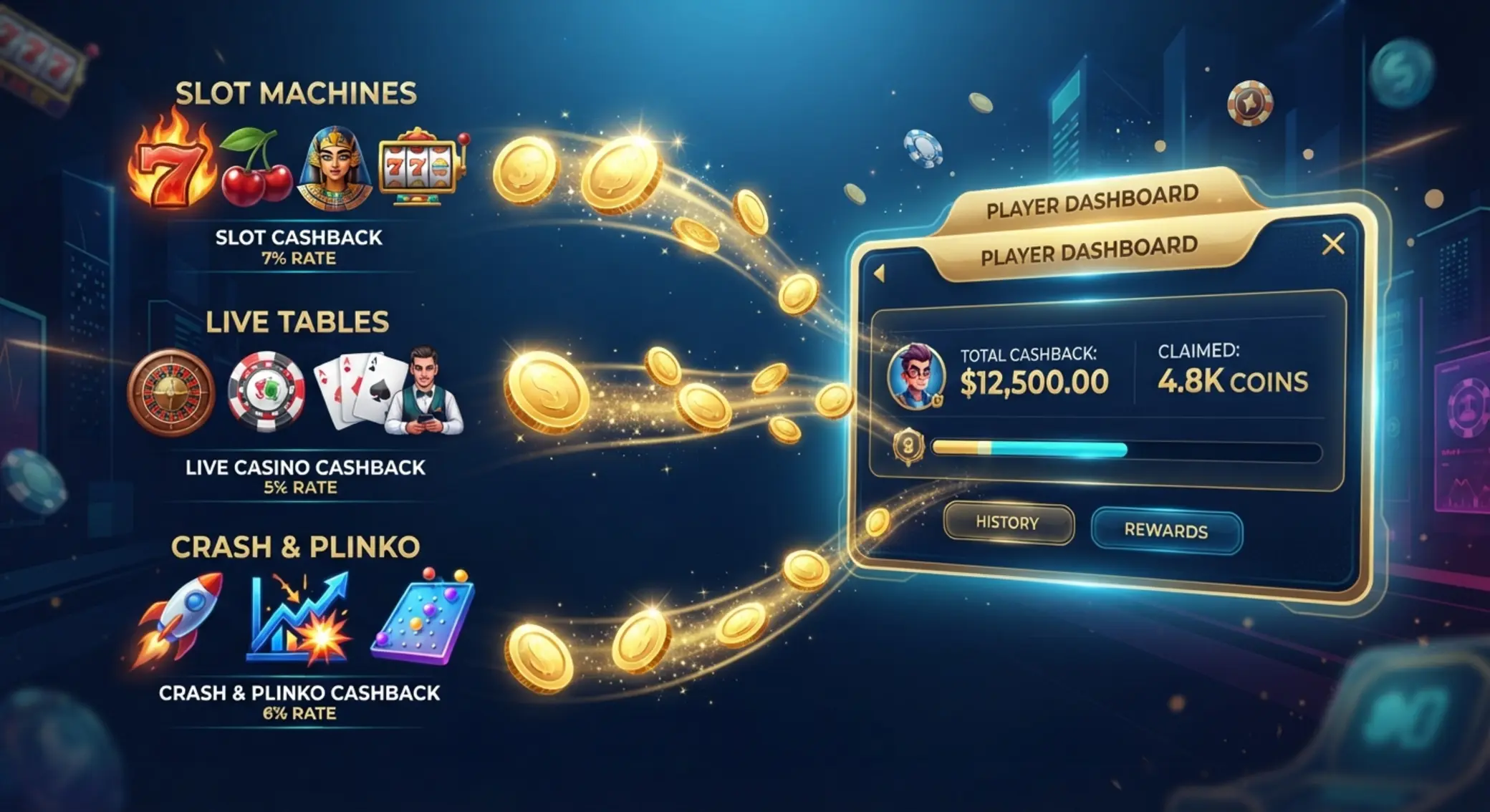 Different cashback types with slots live and crash style icons