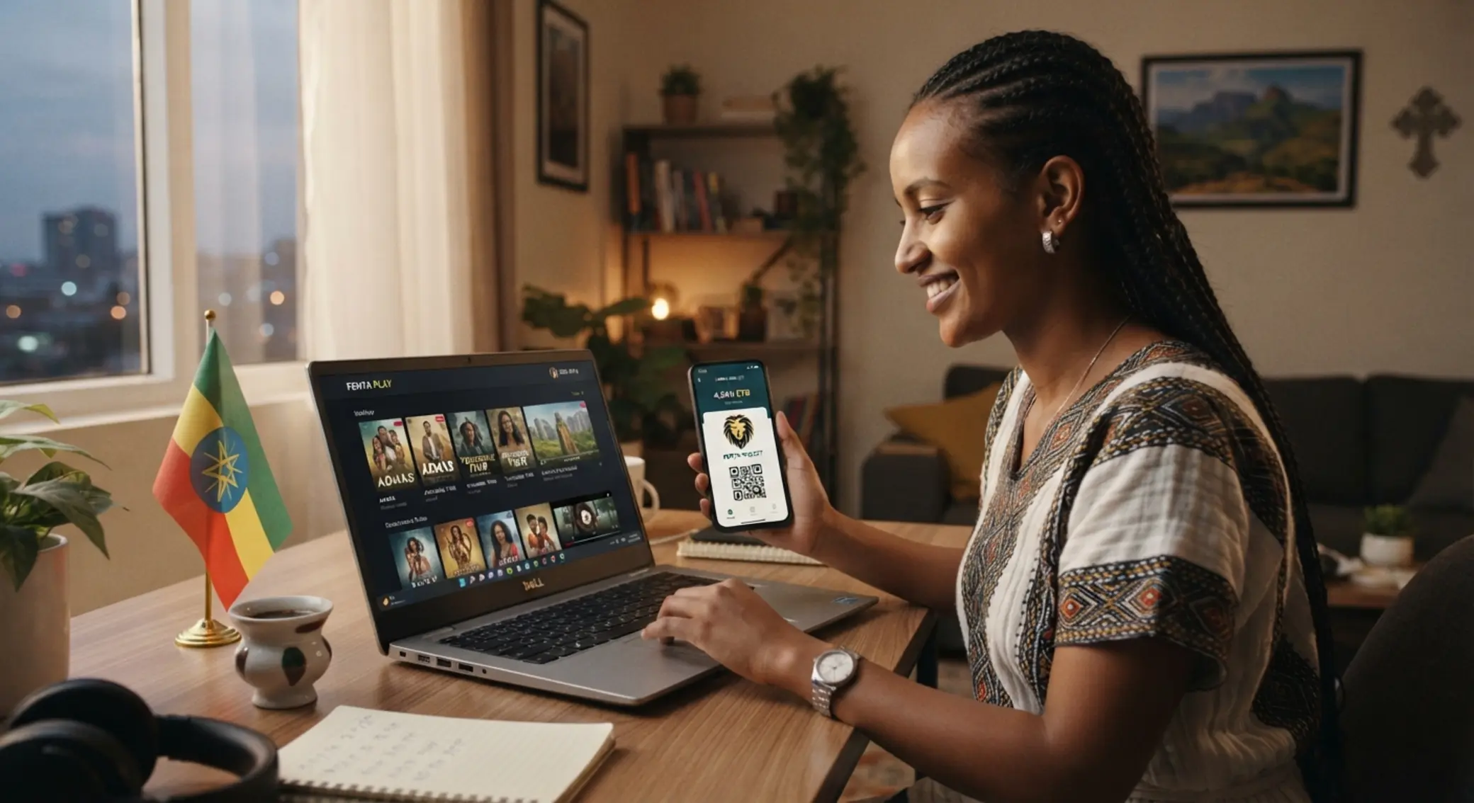 Ethiopian player using smartphone and laptop with digital wallet for online play