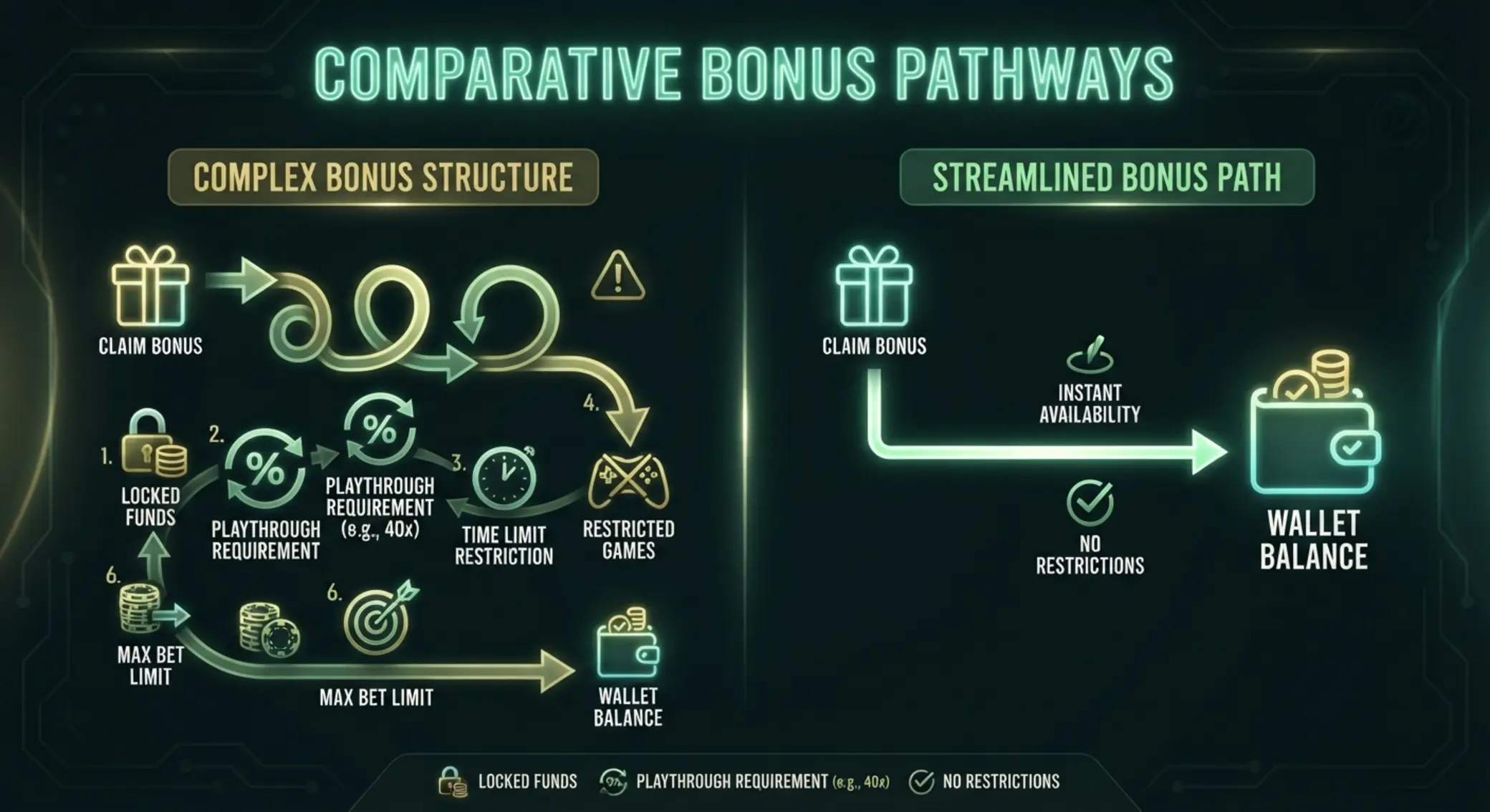 Visual comparison between regular rollover bonus path and simpler direct bonus path