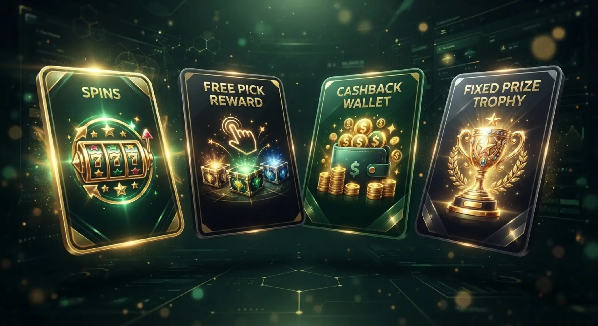 Different reward types shown as interface cards for BetX style promotions