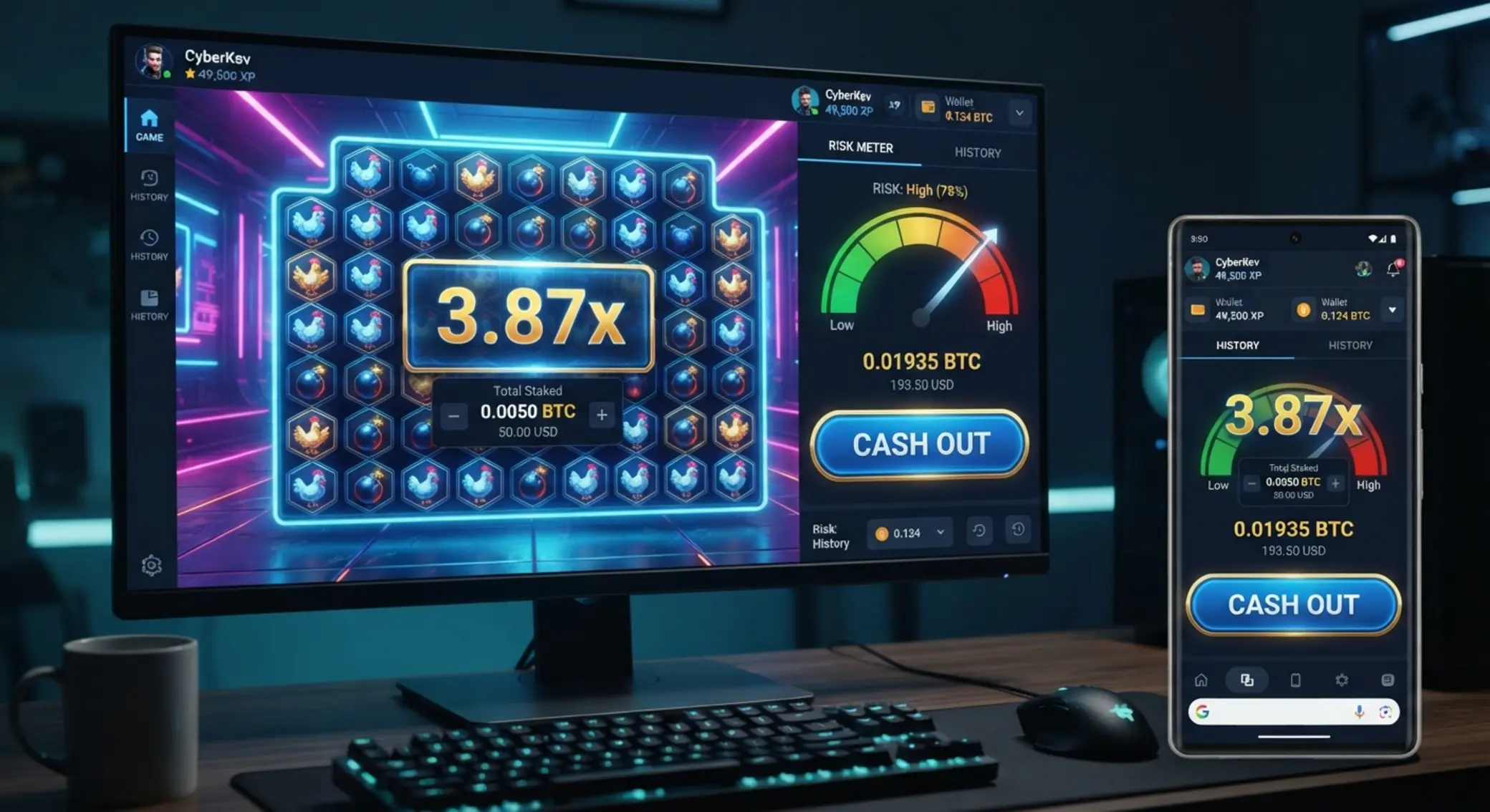 Chicken game interface with rising multiplier and cash out button
