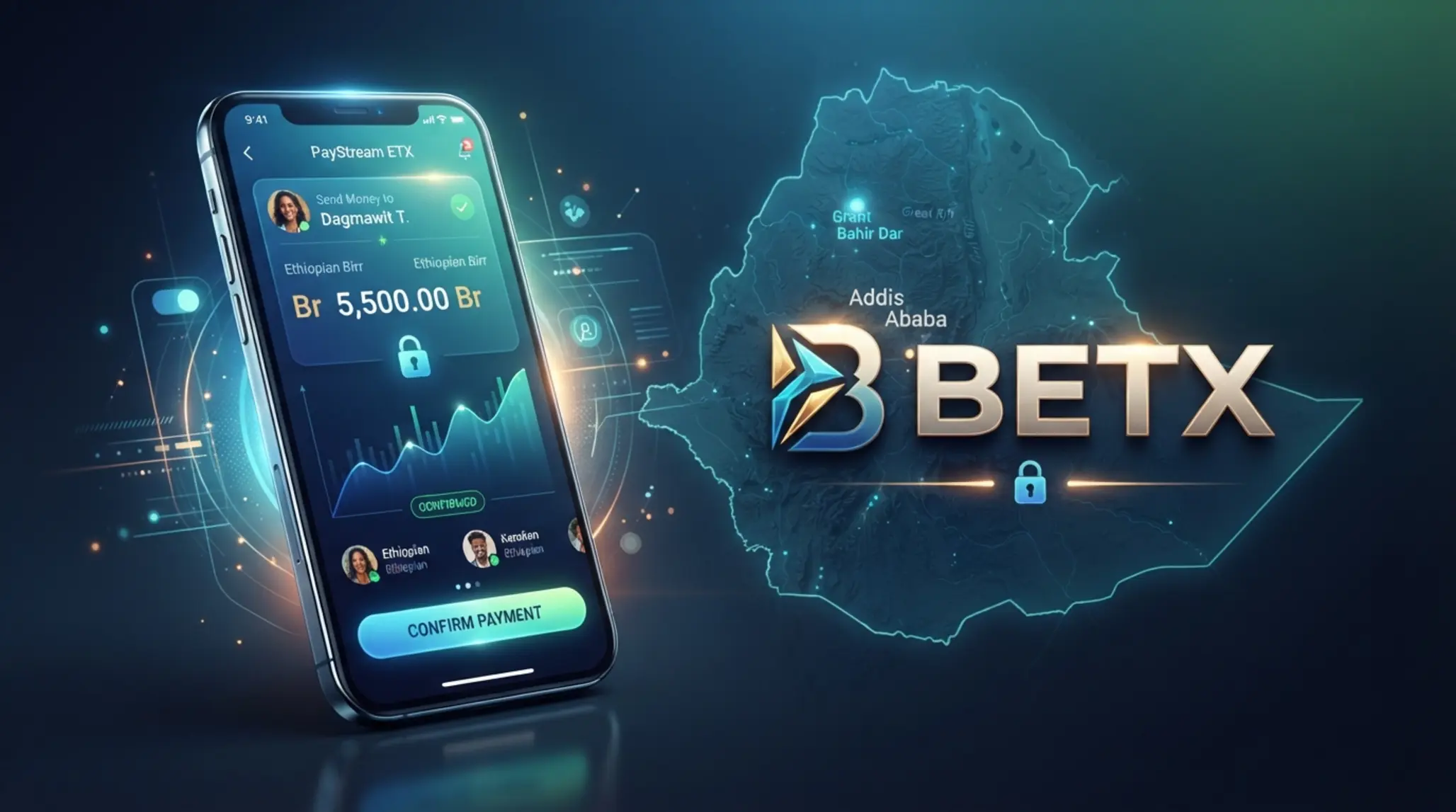 Smartphone payment scene with Ethiopia map background and BETX branding style