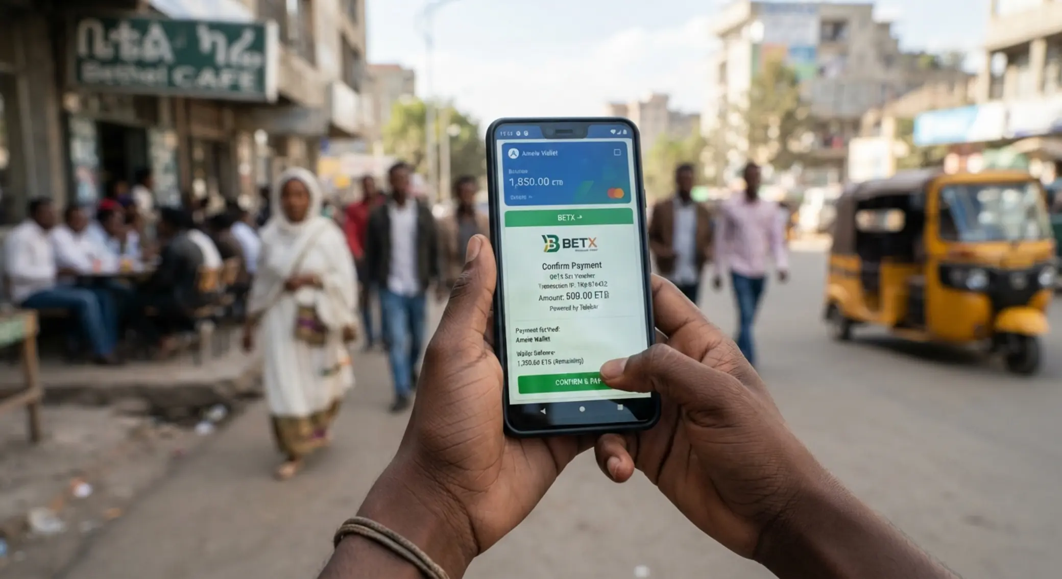 User in Ethiopia making an online BETX payment with a fintech app on smartphone