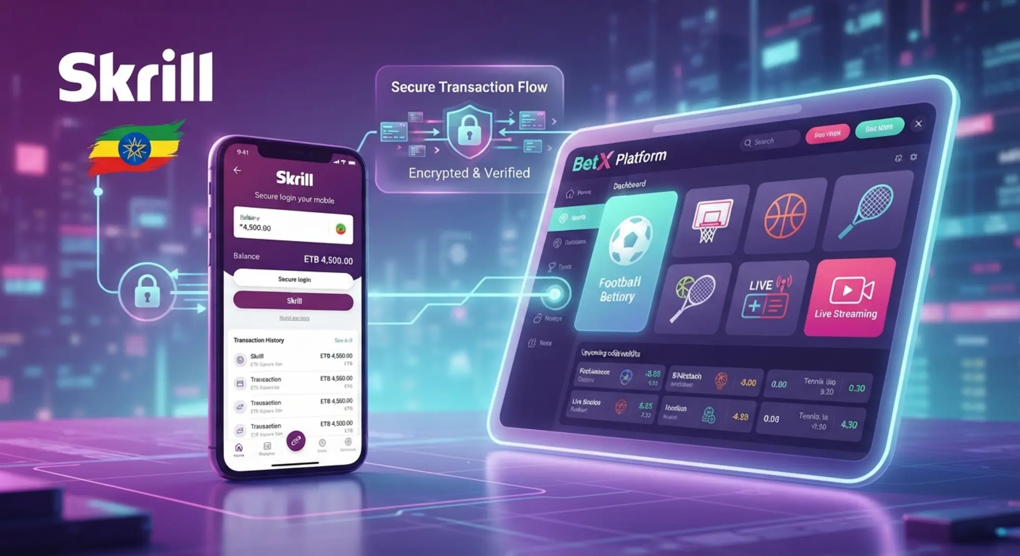 Skrill wallet connected to BetX payment flow for Ethiopian players