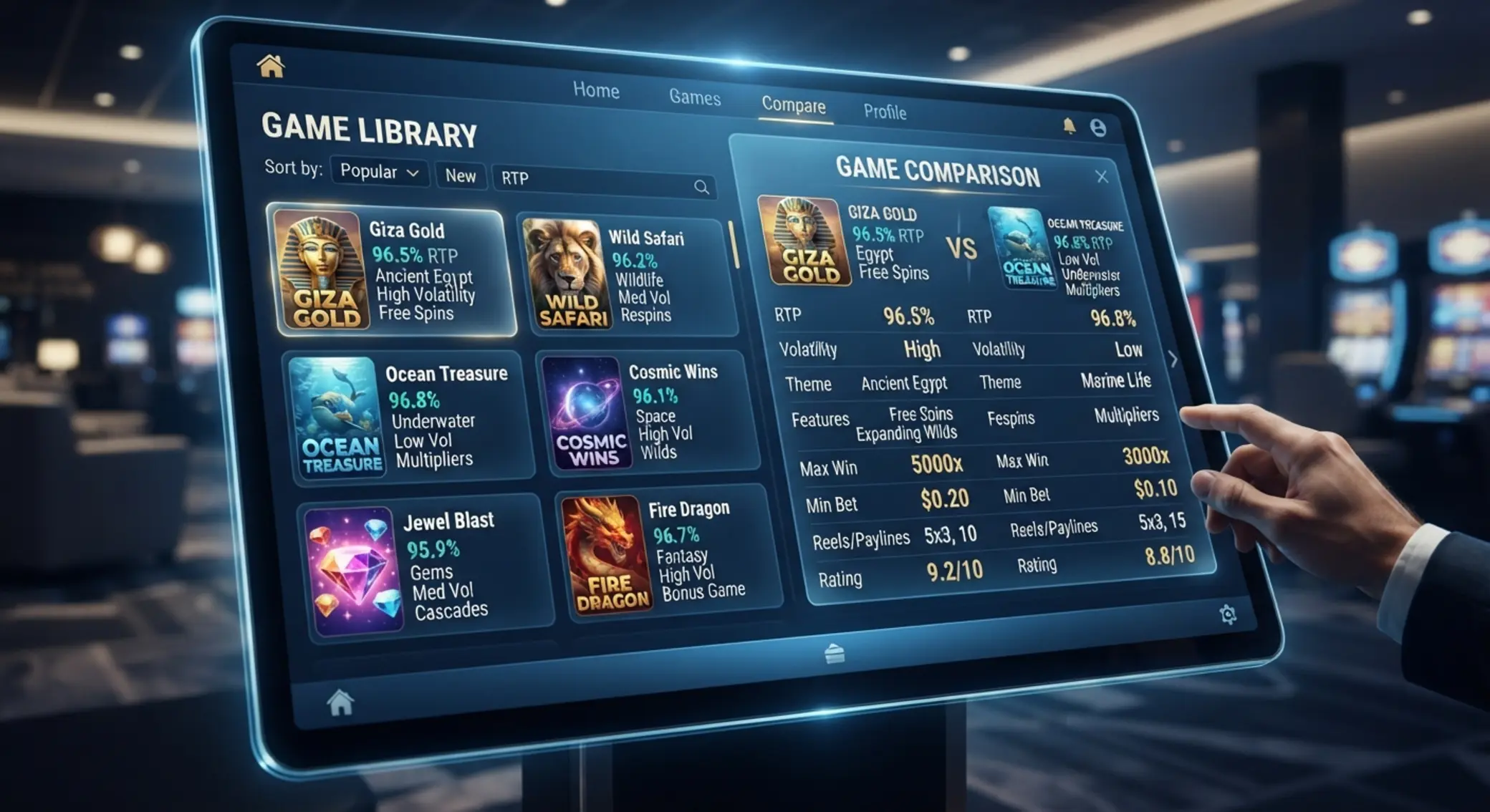 Comparing slot games by RTP, theme and features in a BetX-style selection screen