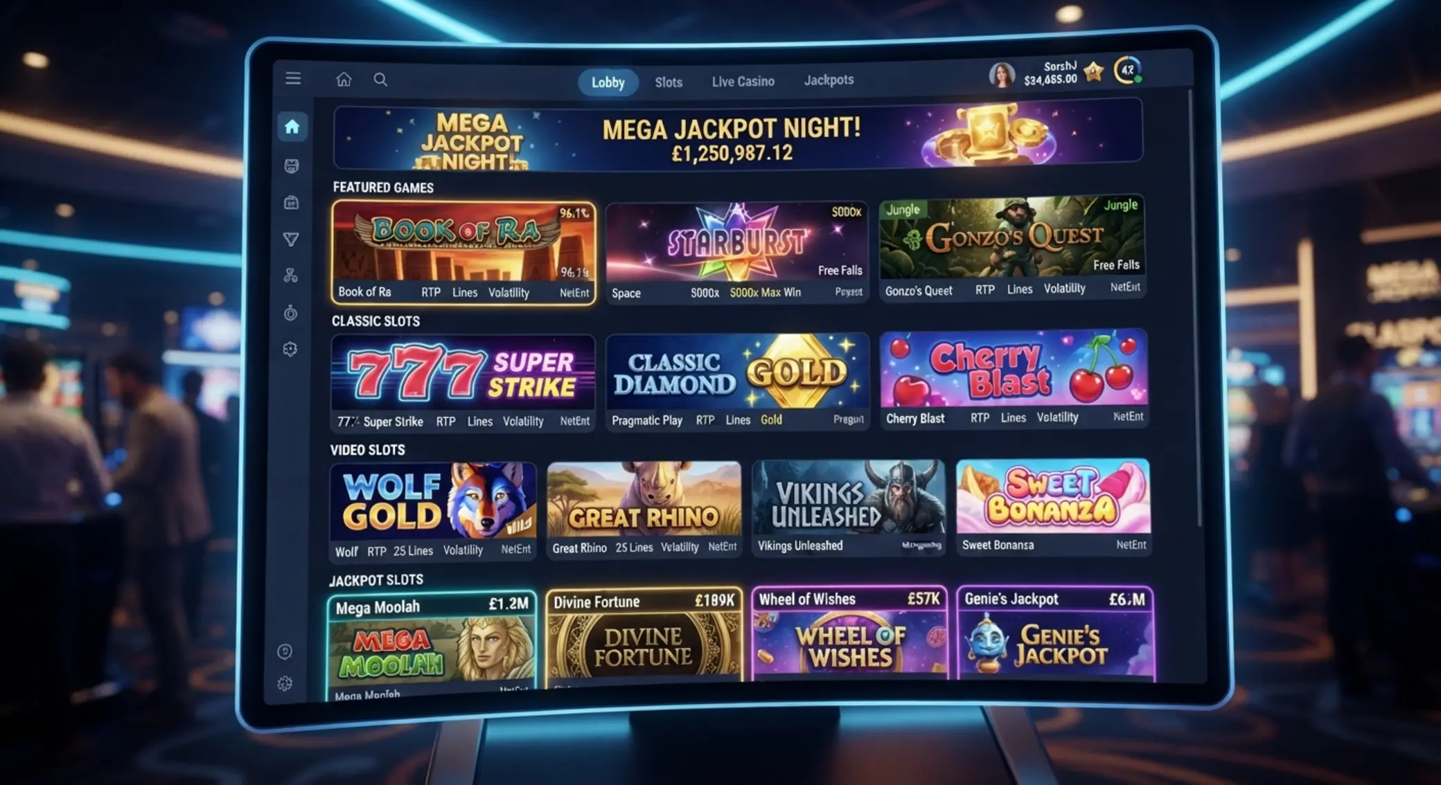 Slot game cards showing classic, video and jackpot options in one BetX-style lobby