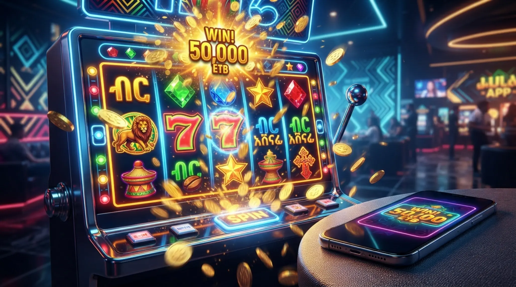 Bright BetX slots hero image with reels, coins and mobile play vibe for Ethiopian users