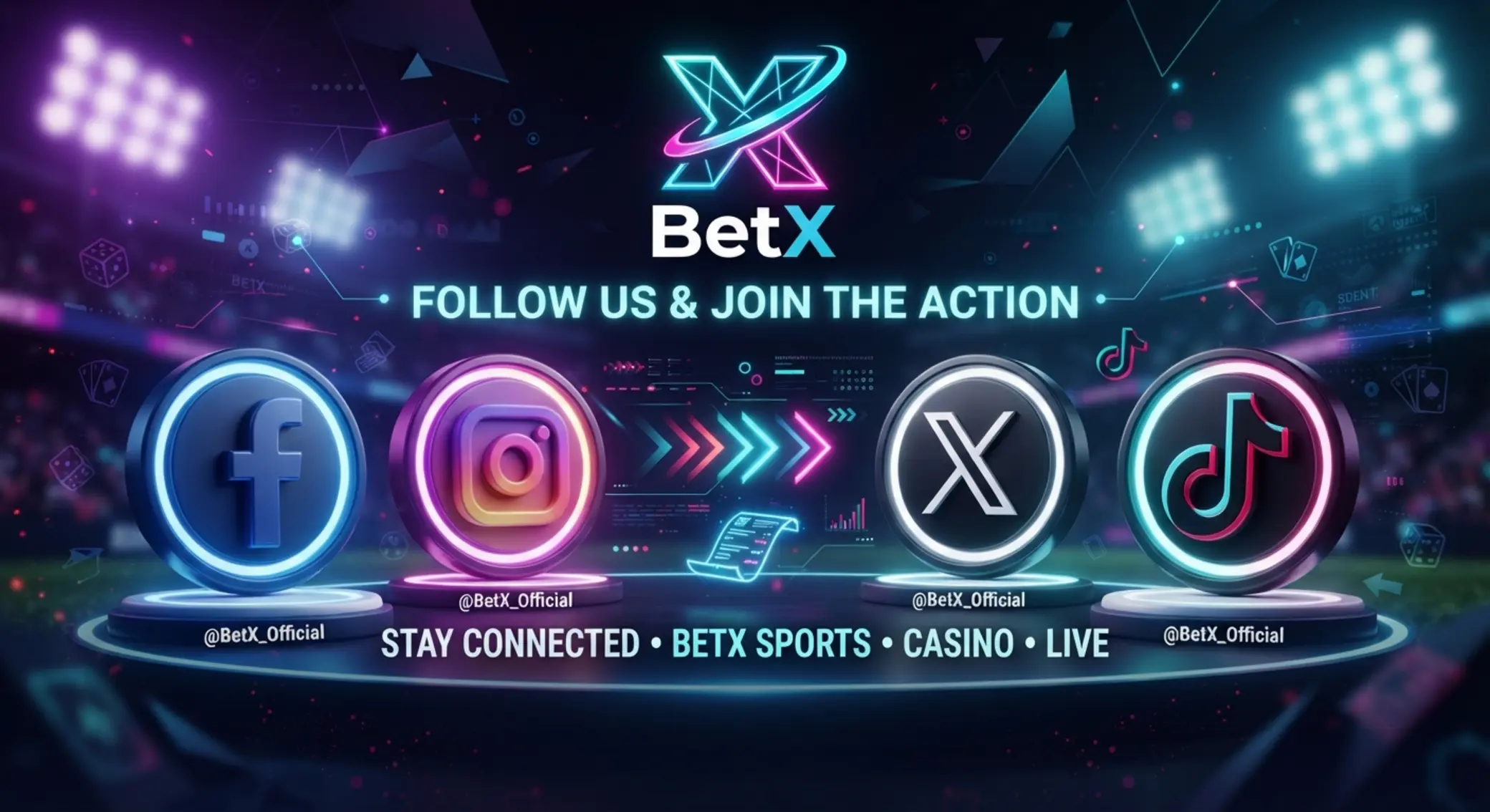 BetX social media icons for Facebook Instagram X and TikTok