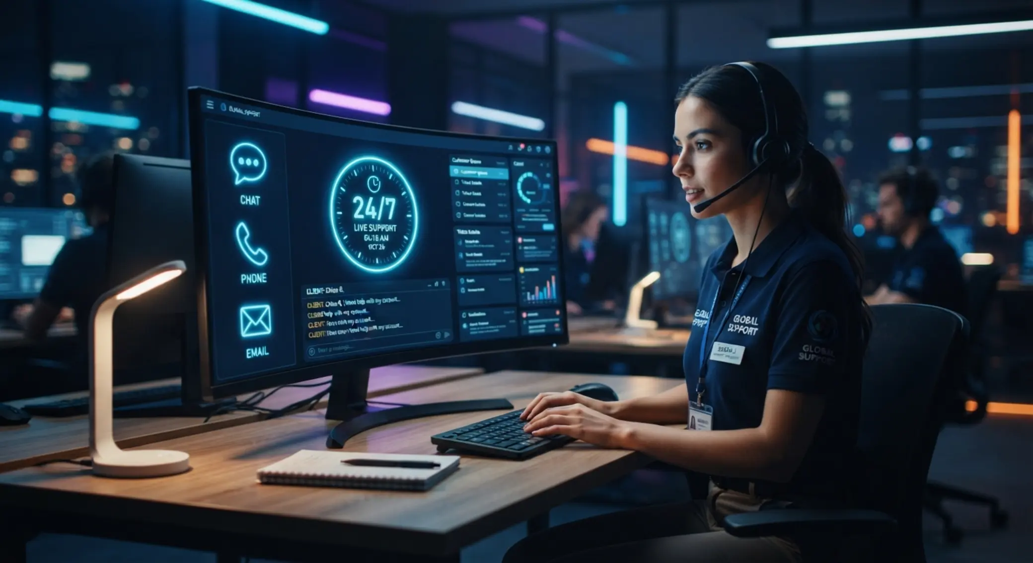 24/7 customer support concept with clock and chat icons