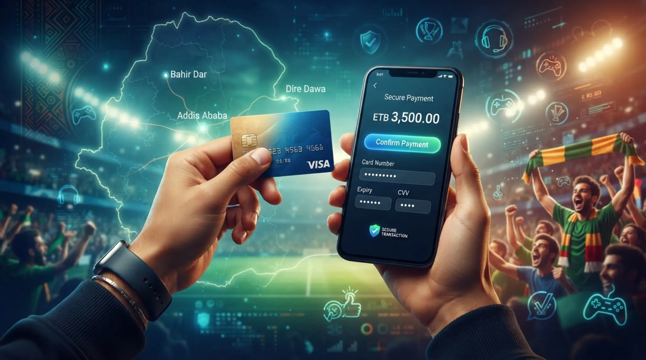 Secure Visa card payment on BetX with Ethiopia map and mobile interface