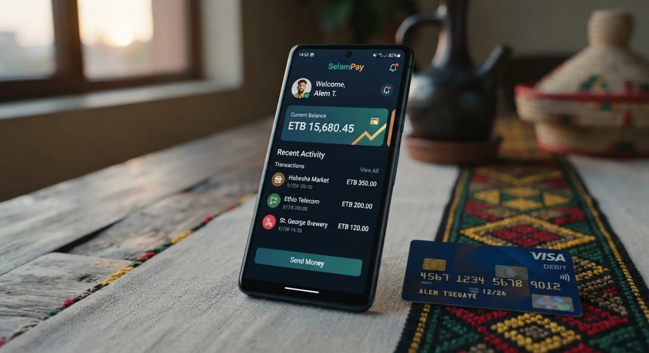 Mobile BetX payment with Visa card and Ethiopian design elements