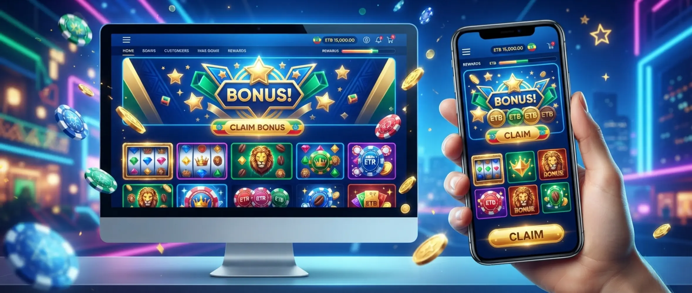 Colorful BetX-style welcome offer banner with game interface elements and ETB-themed visuals