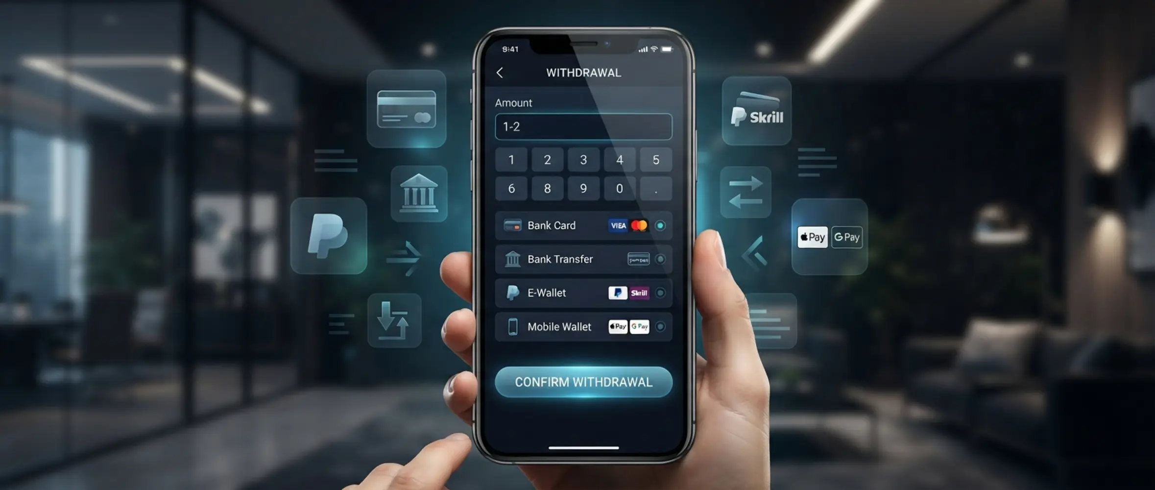 Mobile withdrawal screen with card, bank and e-wallet icons