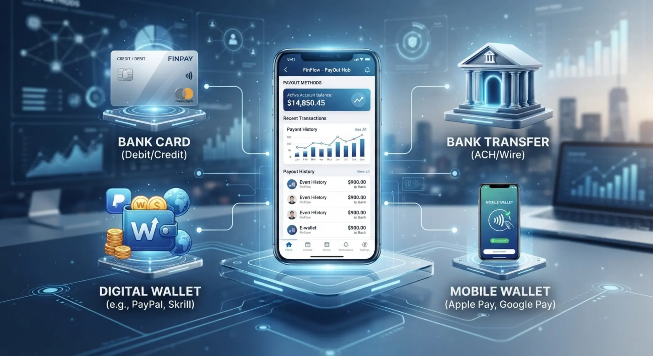 Payment method types for withdrawals including card, bank and e-wallet